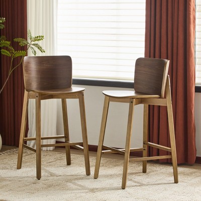 Set of 4 Wooden Bar Stools with Low Curved Back,Bar Stools with Square Bentwood Seat,Bistro Style Counter Height Bar Chairs-Baofuwish
