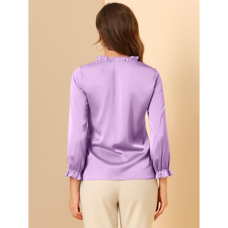 Allegra K Women's Ruffle Neck Long Sleeve Elastic Cuff Button Work Office Satin Shirt Blouse, 5 of 7