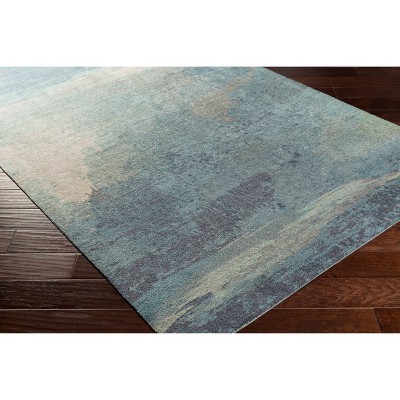 Aqua Blue Abstract Reversible 4' x 6' Easy-Care Wool-Blend Rug