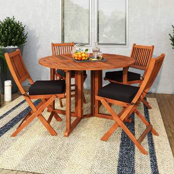 5pc Outdoor Folding Dining Set - Natural - CorLiving: Weather-Resistant Hardwood, Comfortable Cushions, Versatile Drop Leaf Design
