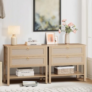 Rattan Nightstand Set of 2, Modern Bedside Table with 2 Drawers, Wood Sofa Side Table for Small Spaces, Accent End Table for Living Room, Light Oak - 1 of 4