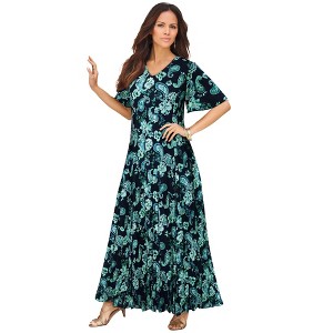 Roaman's Women's Plus Size Petite Flutter Sleeve Crinkle Dress - 1 of 4