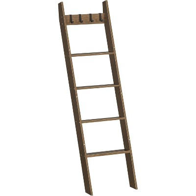 MaseiKar Blanket Ladder for Living Room and Bedroom, 5-Tier Wall Leaning Towel Rack for Bathroom, Decorative Ladder Shelf with 4 Removable Hooks,Brown