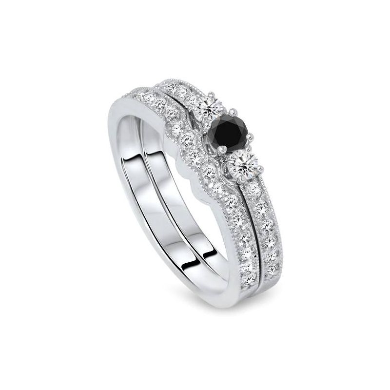 Pompeii3 3/4ct Round Black Diamond Three Stone Wedding Engagement Ring Set 10K White Gold, 2 of 4