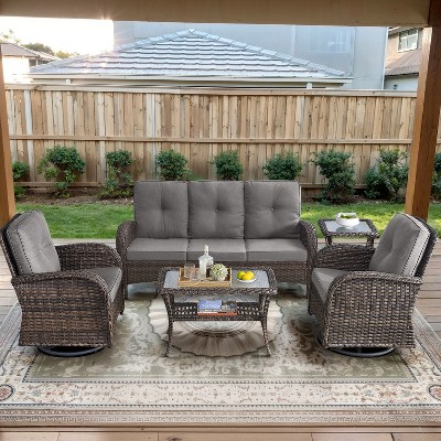 brown wicker/gray cushion