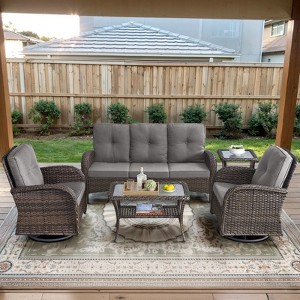 POCASSY 5 Piece Outdoor Patio Furniture Set, Brown Rattan Wicker Modern Outdoor Couch with Swivel Chairs and Coffee Table - 1 of 4