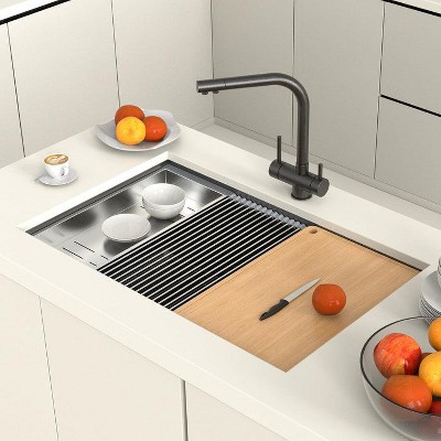 winado 30 Inch Stainless Steel Undermount Integrated Ledge Multifunctional Workstation Sink Set In Black