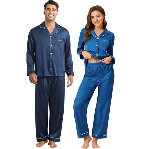 INSPIRE CHIC Couples Satin Pajamas Sets Button Down Long Sleeve 2 Pack Soft Loungewear - 1 of 4