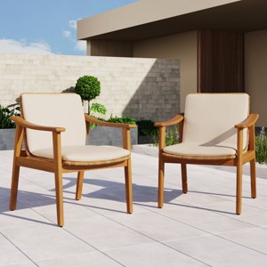 Set of 2 Outdoor Wicker Dining Armchairs, Acacia Wood Frame in Teak Finish with Waterproof Cushions, Garden Dining Set – Koiai - 1 of 4