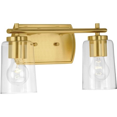 Satin Brass 2-Light Bathroom Vanity Fixture with Clear Glass Shades