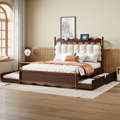 Queen Size Wooden Storage Platform Bed with 2 Drawers and Twin-XL Size Trundle, Bed Frame with Upholstered Headboard & USB Ports - ModernLuxe