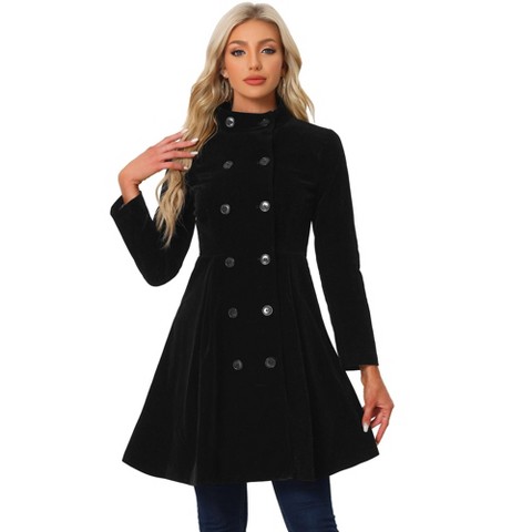 INSPIRE CHIC Women's Velvet A-Line Steampunk Double Breasted Winter Trench Coats Small Black