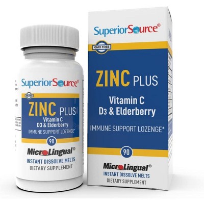 Superior Source Zinc Plus Lozenges with Vitamin C, D3 & Elderberry - 90 Ct Quick-Dissolve Tablets for Immune Support