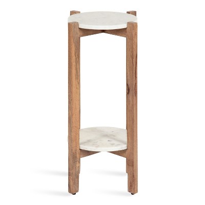 Natural Mango Wood and White Marble Round Two-Tier End Table
