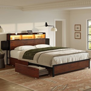 WOWLIVE Twin/Full/Queen/King Size Platform Bed Frame with Bookcase Headboard & Storage Drawers, Metal Bed frame with LED Light and Charging Station - 1 of 4