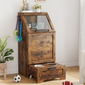Top Opening Dog Feeding Station, Wooden Dog Food Storage Cabinet with 2 Improved Dog Bowls, 3 Hooks, Hidden Design - 1 of 4