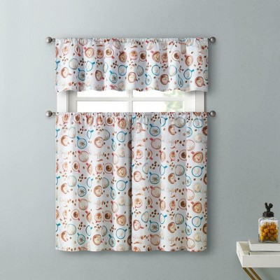 Blue Coffee-Themed Polyester Kitchen Curtain Set with Valance