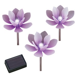 Collections Etc Solar Powered Lotus Flower Outdoor Garden Stakes - Set of 3 - 1 of 2