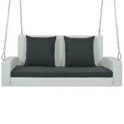 NAYSAYE Patio Swing 2 Person Wicker Hanging Porch Swing with Cushion and Pillow for Garden Relaxation, White, 22.4"*20.5"*28.89"