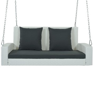 NAYSAYE Patio Swing 2 Person Wicker Hanging Porch Swing with Cushion and Pillow for Garden Relaxation, White, 22.4"*20.5"*28.89" - 1 of 4
