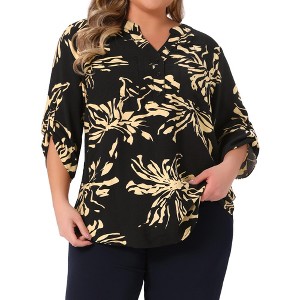 Women's Plus Size Floral Button Notch V Neck Rolled 3/4 Sleeve Casual Tunic Blouses with Pockets - Agnes Orinda - 1 of 4