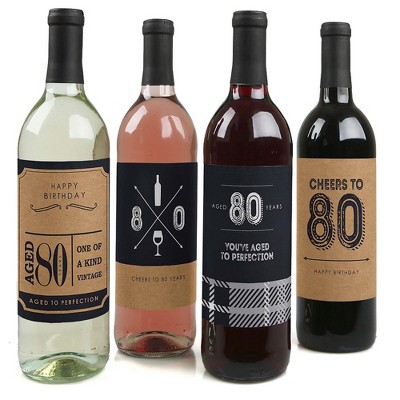 Big Dot of Happiness 80th Milestone Birthday - Gift For Men - Wine Bottle Label Stickers - Set of 4