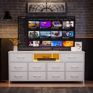 55” Long Dresser for Bedroom TV Stand for 55” to 65” TV White Dresser with 10 Fabric Drawers Entertainment Center with Power Outlet LED Light - 1 of 4
