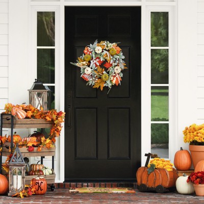 20" Halloween Garland & Thanksgiving Front Door Wreath - Fall Harvest Wreath with Maple Leaves, Berries, Pumpkins & Pinecones for Home, Porch, Wall