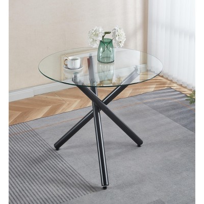 NicBex Space Saving Round Glass Dining Table with Cross Metal Legs,Modern Kitchen Table Bar Table,Dining Room Furniture