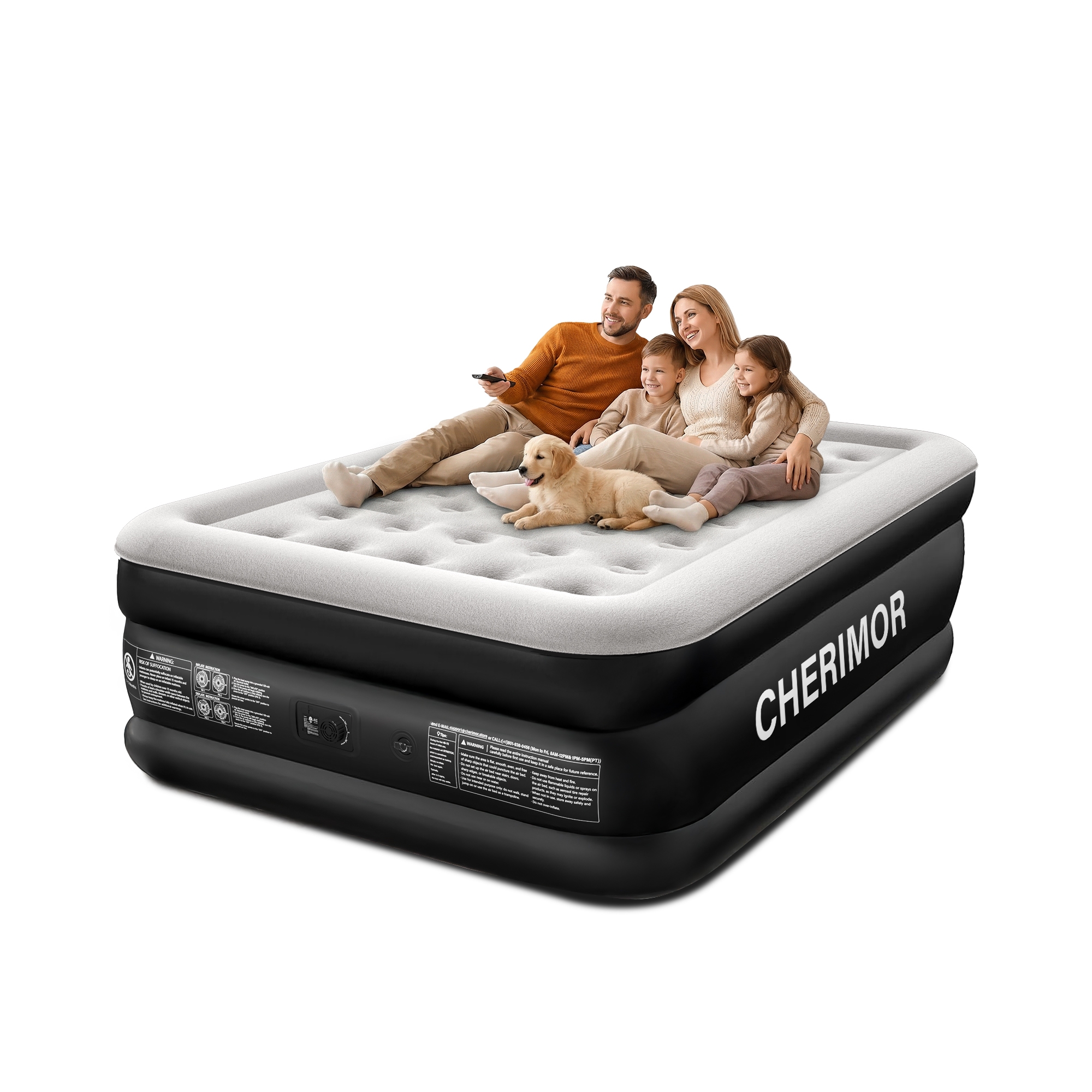 18-in Queen with Built-in Pump and 800-lb Capacity - Raised 3-Minute Inflation Guest Bed with Honeycomb Support - Black