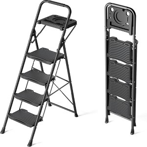 NAYSAYE Plastic Five Fold Step Ladder with Anti Slip Treads Comfortable Handrails and Sturdy Steel Frame, Black, 37"*21"*62" - 1 of 4