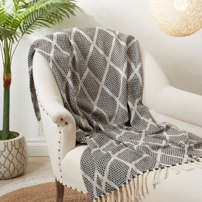 Black and Beige Diamond-Patterned Knit Fringed Cotton Throw, 50"x60"