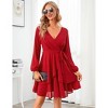 Coolmee Women's Dress Deep V-Neck Long Sleeve Waist Tie Ruffle Mini Swing Skater Dresses - 3 of 4