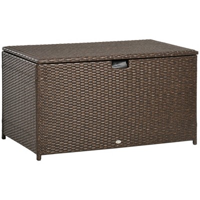 Outsunny Outdoor Deck Box, PE Rattan Wicker with Liner, Hydraulic Lift, and A Handle for Indoor, Outdoor, Patio Furniture Cushions, Pool, Toys, Brown