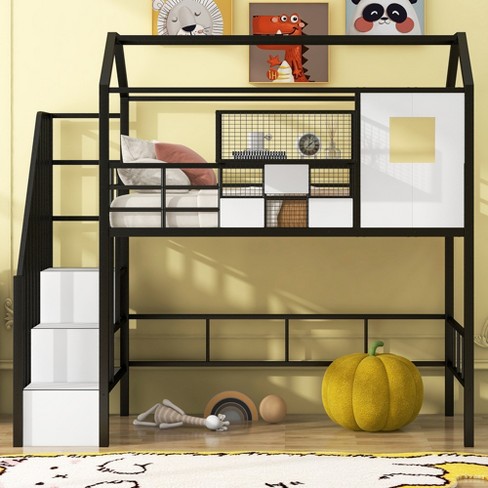 Twin Size Metal Loft Bed with Roof Design, Storage Box, Safety Guardrails and Ladder, Black/Pink-ModernLuxe - image 1 of 4