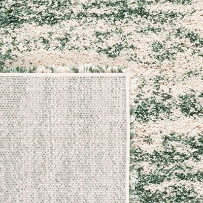 Ivory and Green Square Shag Synthetic Area Rug