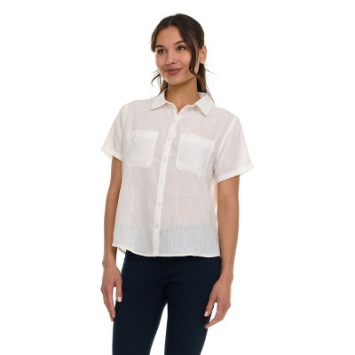 Super Triple Goose Women’s Short Sleeve Linen Shirt – Lightweight Button-Up Collared Blouse with Front Pockets