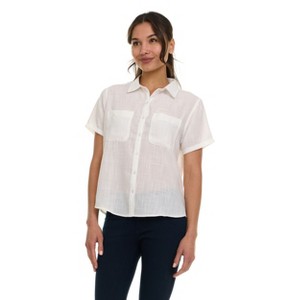 Super Triple Goose Women’s Short Sleeve Linen Shirt – Lightweight Button-Up Collared Blouse with Front Pockets - 1 of 4