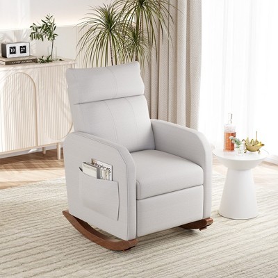 Image of Glider Chair Upholstered Chair, Rocking Chair Nursery with High Backrest, Two Side Pocket, and Solid Wood Legs, White
