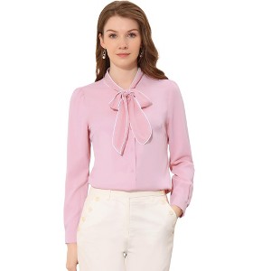 INSPIRE CHIC Women's Tie Neck Contrast Color Button Down Long Sleeves Shirt - 1 of 4