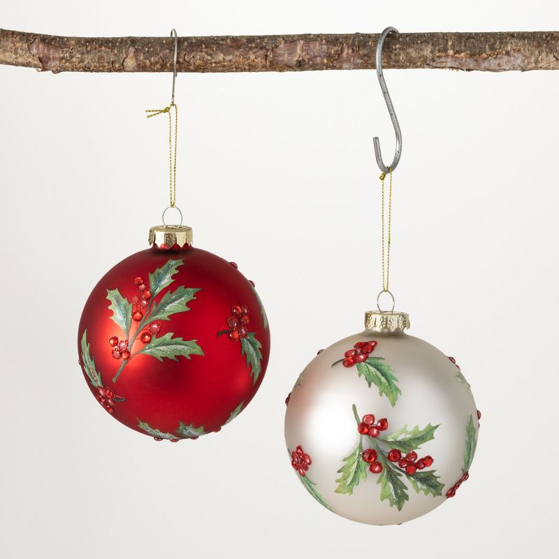 4.5"H Sullivans Metallic Holly Ball Ornaments - Set of 2, Multicolored Christmas Ornaments, 1 of 3