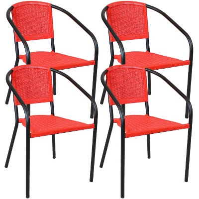 Sunnydaze Steel Frame and Polypropylene Seat and Back Aderes Outdoor Patio Arm Chair, Black Frame with Red Seat and Back, 4pk