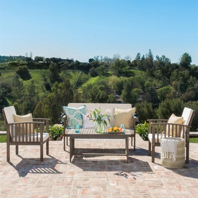 4 Pieces Outdoor Patio Furniture Set, Outdoor Sofa Set Of 4,Wooden Coffee Table with Chairs Set, Patio Conversation Set for Porch Balcony Garden Yard