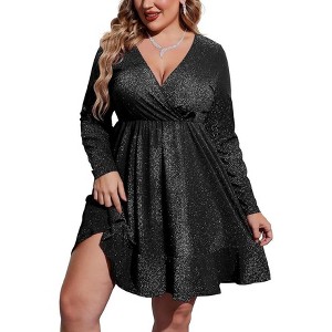 ZEAGOO Plus Size Womens Glitter Dress V Neck Long Sleeve Ruffle Hem Swing Club Cocktail Party Dresses - 1 of 4
