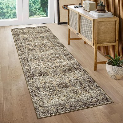 Washable Runner Rug Non Slip Floor Carpet, Low Pile Distressed Kitchen Rug, Non-Shedding Faux Wool Soft Rug, Vintage Printed Rug