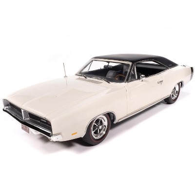 1969 Dodge Charger R/T W1 White with Black Vinyl Top and Black Tail Stripe 1/18 Diecast Model Car by Auto World