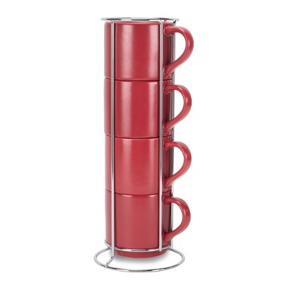 Nat & Jules Stacking Red 14 ounce Ceramic Stoneware Mugs With Stand Set of 4