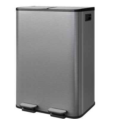 2 x 8 or 2 x 10.6 Gallon Stainless Steel Trash Cans w/Lids, Dual Compartment Step-On Bins for Kitchen