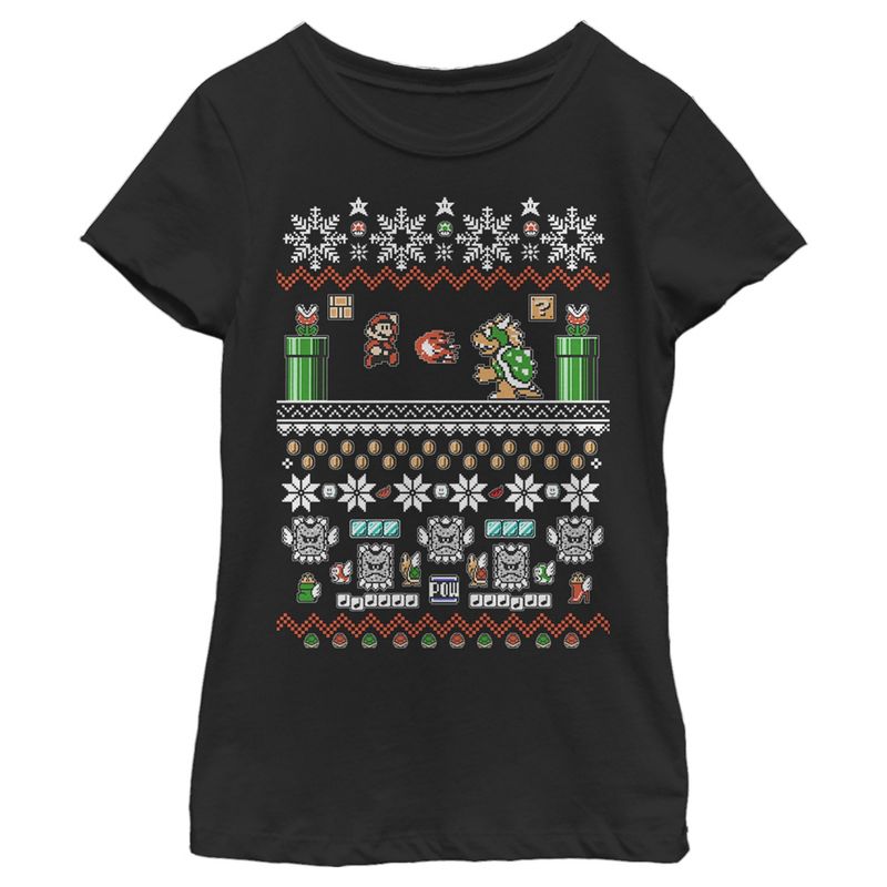 Girl's Nintendo Mario and Bowser Ugly Christmas Sweater T-Shirt, 1 of 5