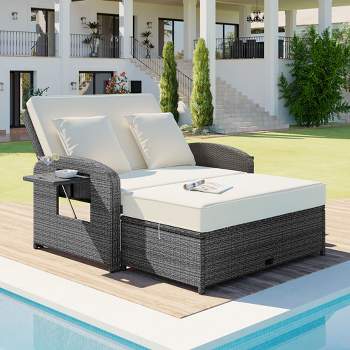 Patio PE Rattan Double Chaise Lounge, Reclining Daybed with Adjustable Back and Cushions, White-ModernLuxe